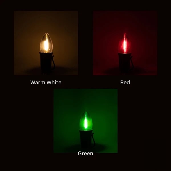 Clear Christmas bulbs illuminated in Warm White, Red, and Green